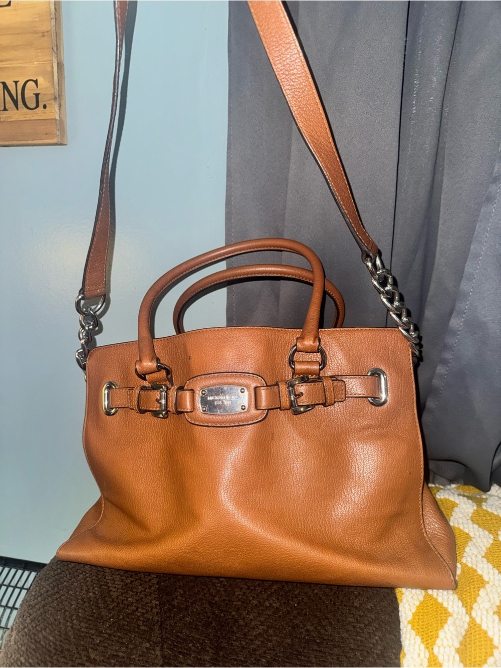 Michael Kors Cognac Leather Satchel with Chain-Detail Strap